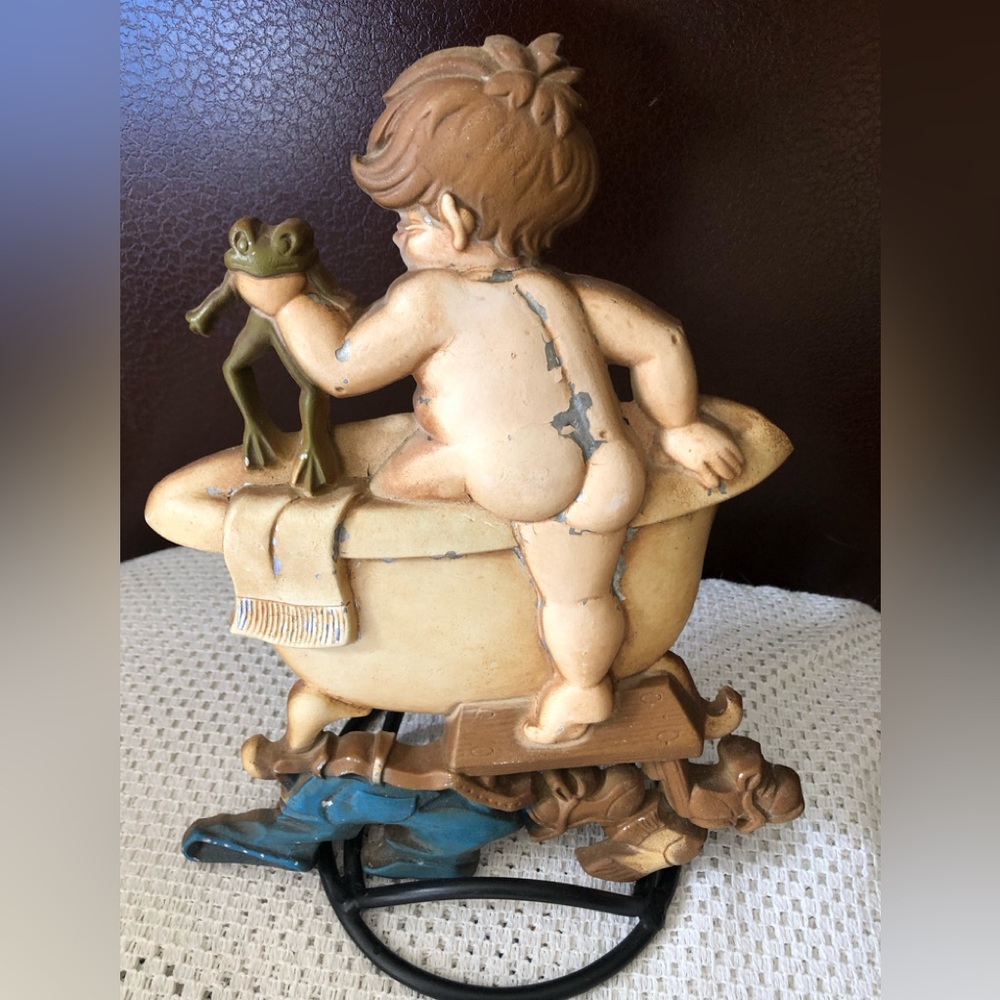 VTG 1970s Sexton Little Boy And Frog Cast Metal Art Deco Bathroom, Nursery
